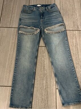 Good American Blue Straight-Leg Jeans with Beaded Trim